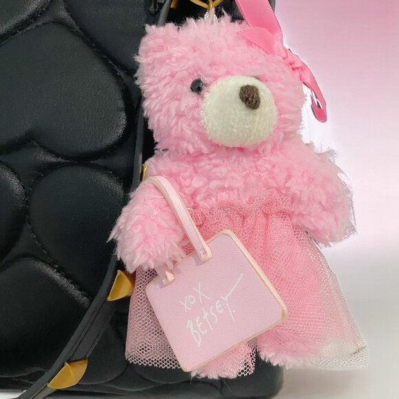 Betsey Johnson Black Heart Quilted Satchel Handbag Purse With Pink Bear Charm - Picture 3 of 12